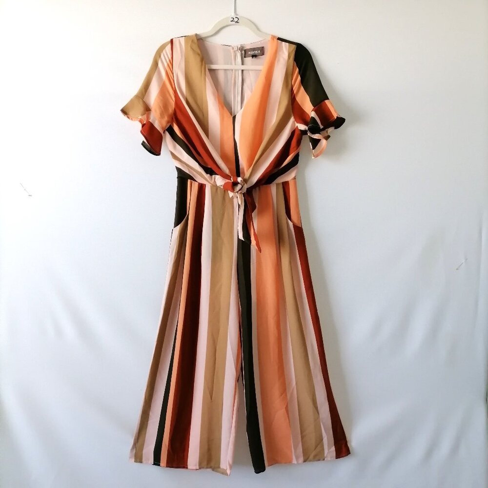 Asimnnai Womens Multicolor Bell Sleeve Tie Waist Wide Leg Striped Romper Size S